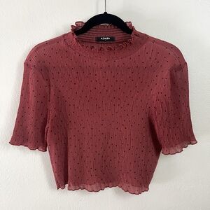 Azalea Sheer Rust Brown Polka Dot Crinkle Plisse Stretch Mock Neck Crop Top Sz S